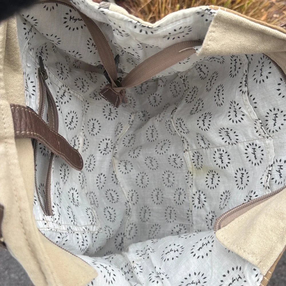 Myra Tote Bag Brown Le Cafe De La Place Provence Cotton and Leather - Picture 11 of 14
